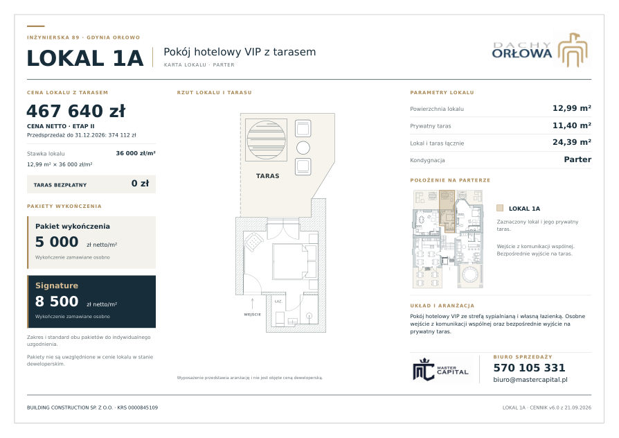 Karta lokalu 1A: pokój hotelowy VIP z tarasem, parter