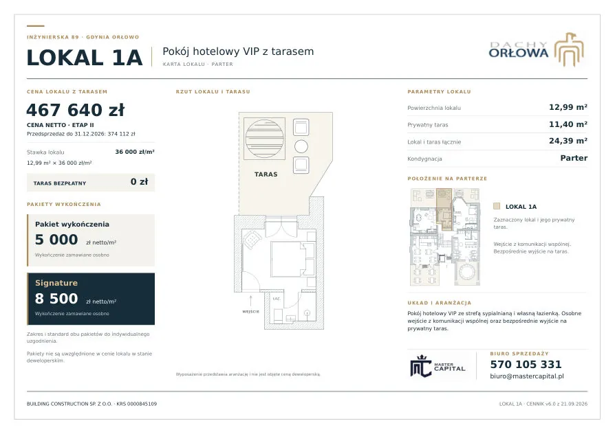 Karta lokalu 1A: pokój hotelowy VIP z tarasem, parter