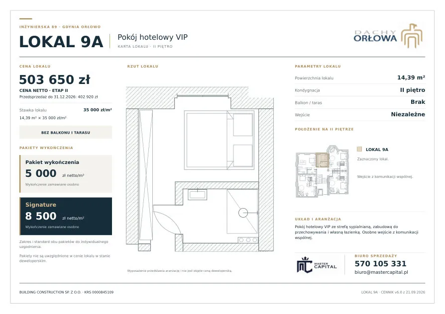 Karta lokalu 9A: pokój hotelowy VIP, II piętro